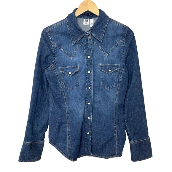 GAP Tops - Vintage Gap Western Shirt Denim Look Stretch Women Size Medium Blue Pearl Snaps